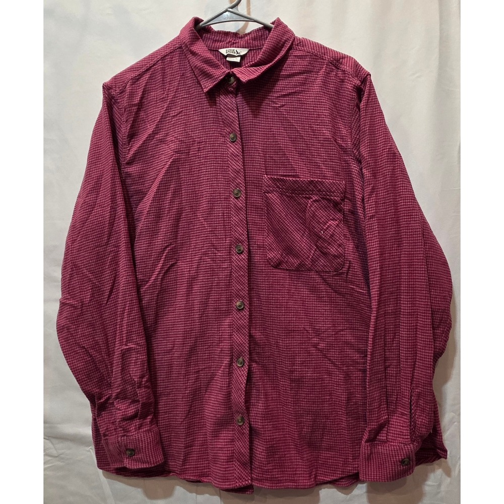 Eddie Bauer Wom XL Maroon Pink Houndstooth Flannel Button Up Shirt Long Sleeve
